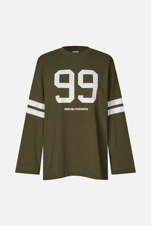 Front view of an olive green long-sleeved crew-neck shirt with a large white 99 graphic and white sleeve stripes.