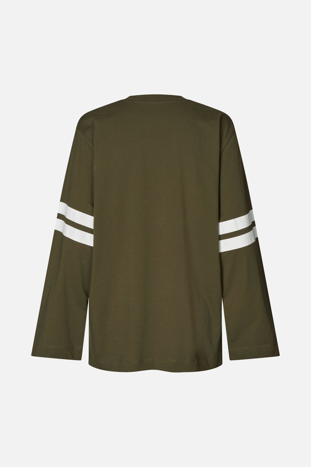 Back view of an olive-green long-sleeved top with two white horizontal stripes around each sleeve.