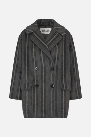 Front view of a charcoal grey coat with vertical muted stripes, wide notched lapels, double-breasted buttons and flap pockets.