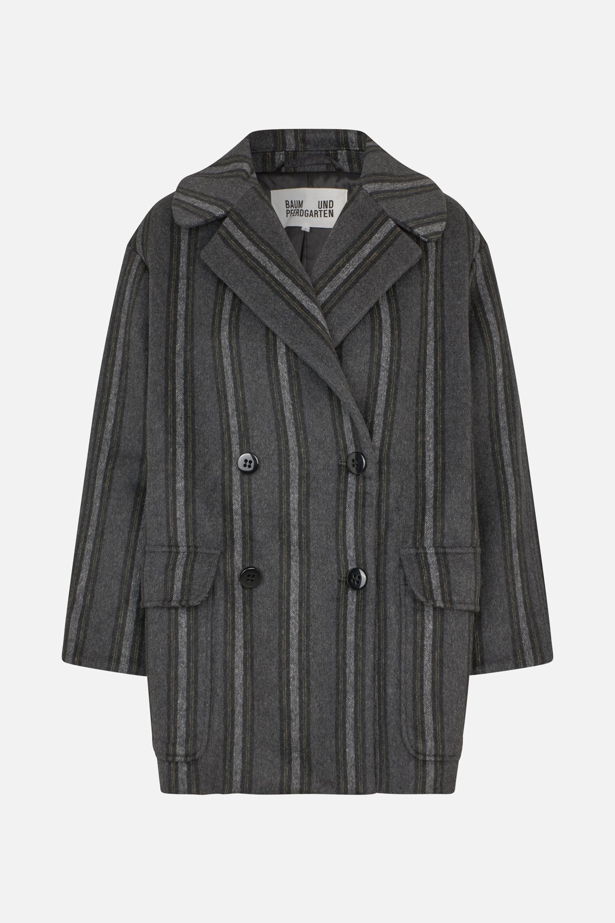 Front view of a charcoal grey coat with vertical muted stripes, wide notched lapels, double-breasted buttons and flap pockets.