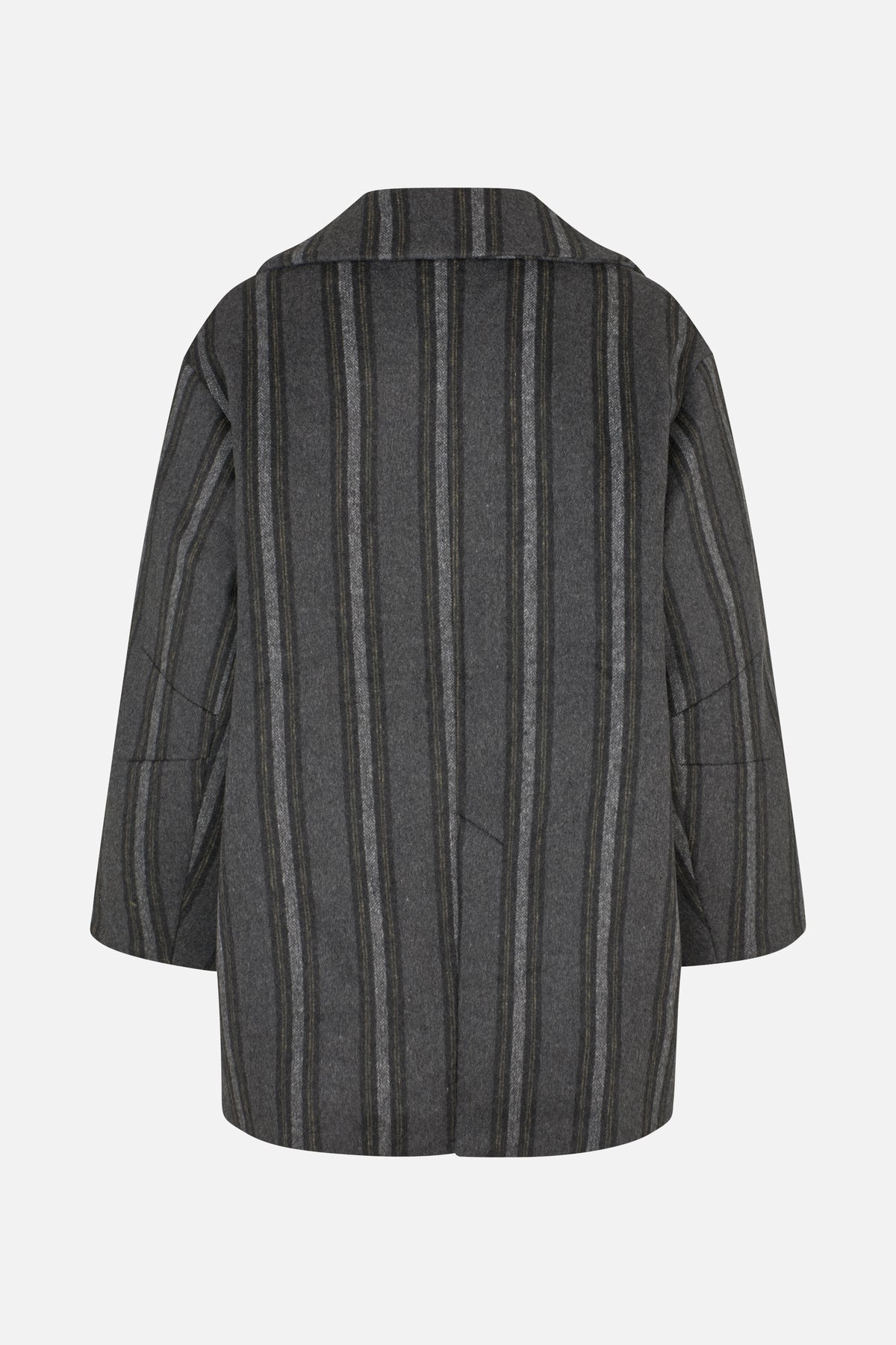 Back view of a charcoal grey coat with vertical muted stripes, a wide collar and long sleeves