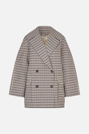 Front view of a double-breasted jacket in a beige, brown and black check, with notched lapels and flap pockets.