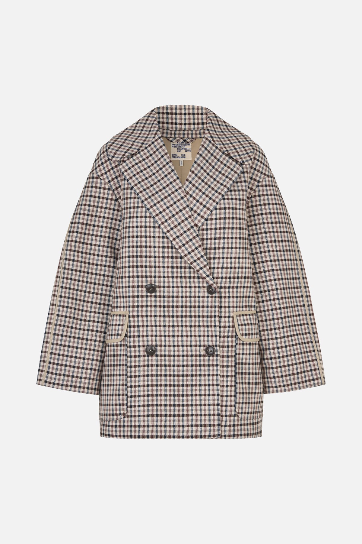 Front view of a double-breasted jacket in a beige, brown and black check, with notched lapels and flap pockets.
