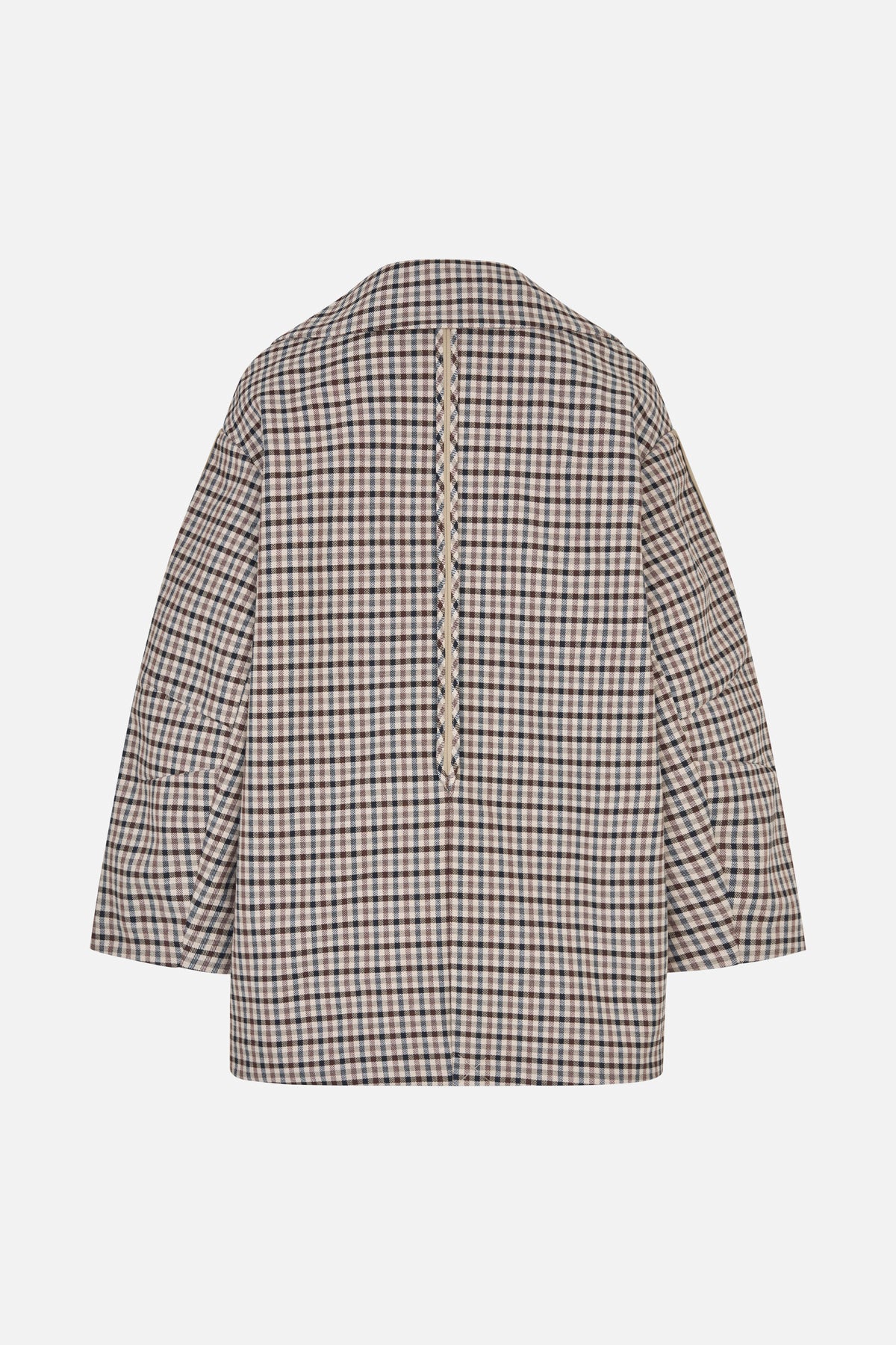 Back view of a long-sleeved shirt in beige, brown and navy gingham, with a pointed collar and central back pleat.
