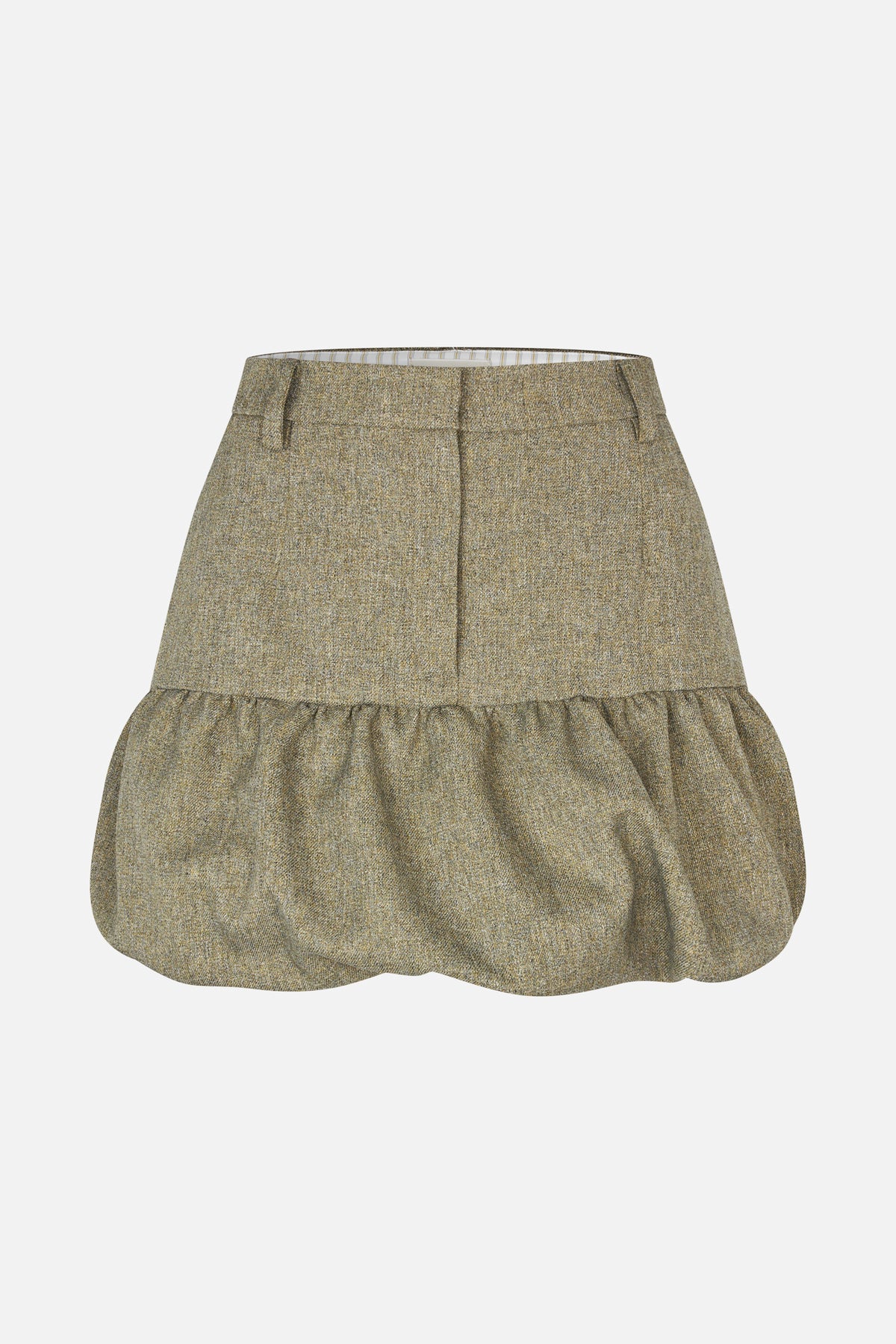 Front view of a high-waisted olive-beige skirt with a subtle woven texture and gathered, flared lower tier.