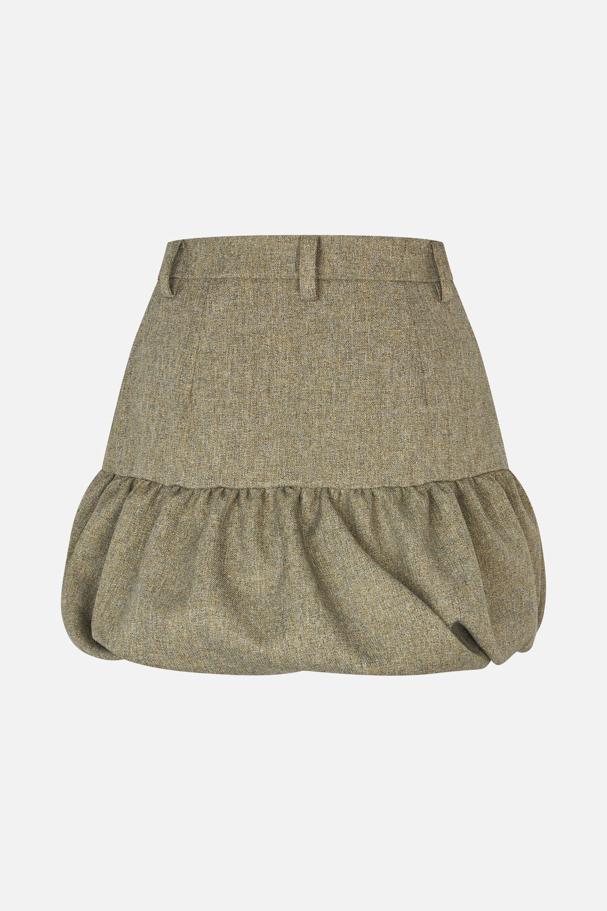Nahaufnahme eines taupe- und olivfarbenen Tweedrocks mit breitem Bund und gerafftem, voluminösem Ballon-Saum.