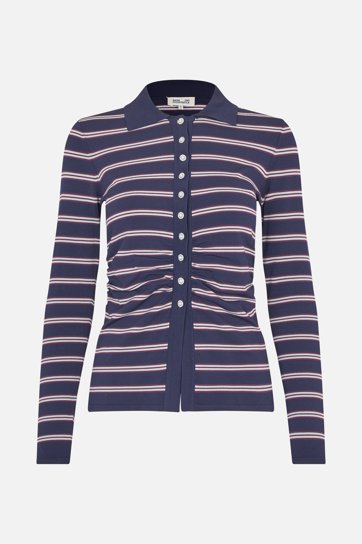 Front view of a navy long-sleeved collared cardigan with white and burgundy stripes, pearl-like buttons and a ruched waist.
