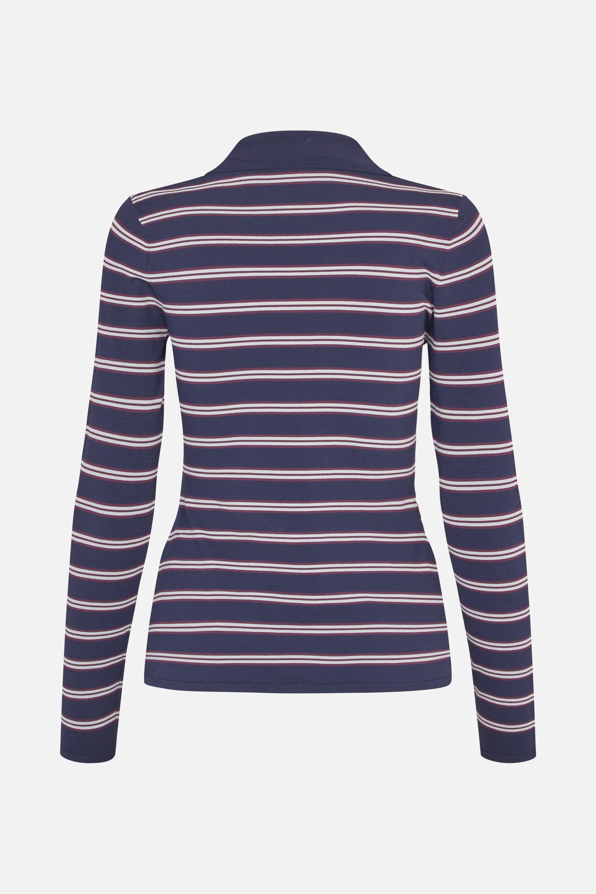 Back view of a long-sleeved navy polo shirt with a ribbed collar and horizontal cream and burgundy stripes.