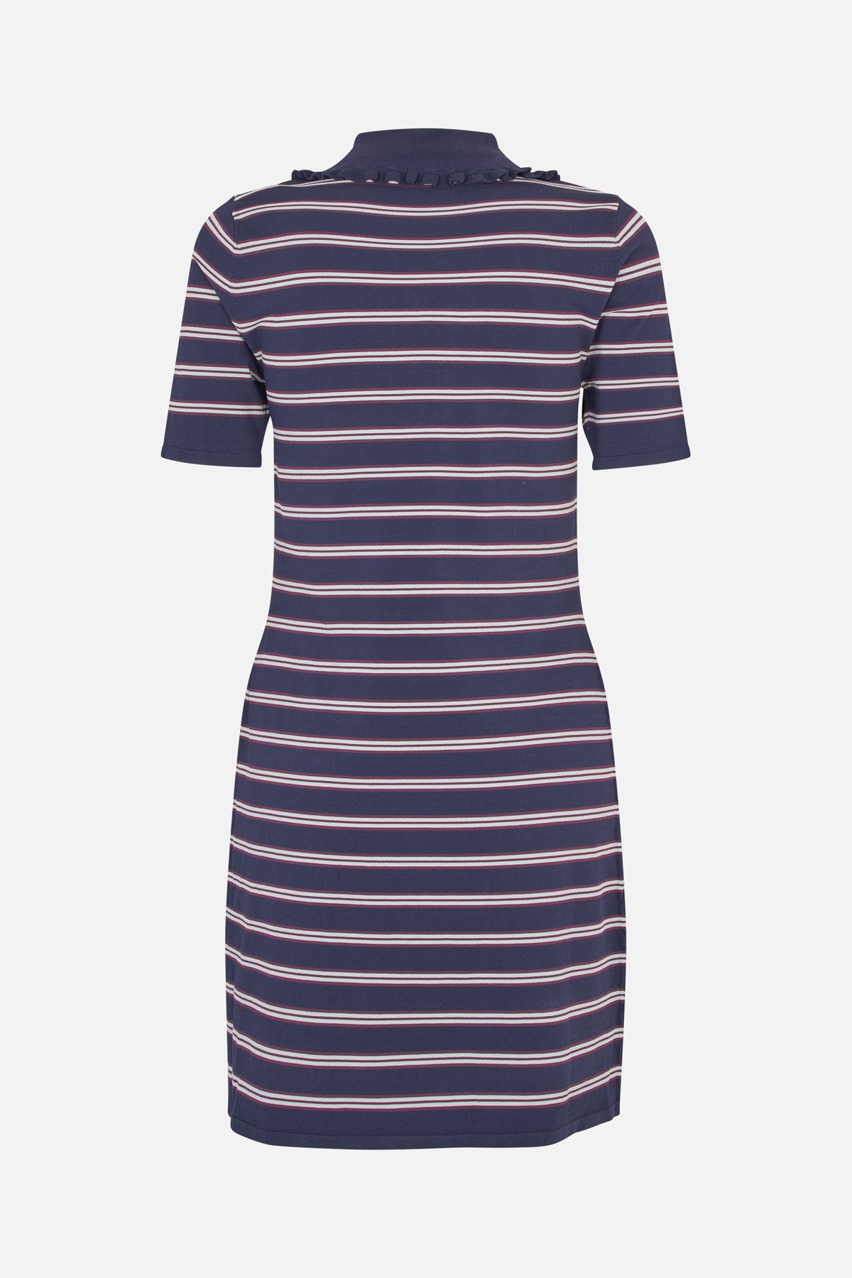 Back view of a navy short-sleeved dress with horizontal white and burgundy stripes and a ruffled high collar.