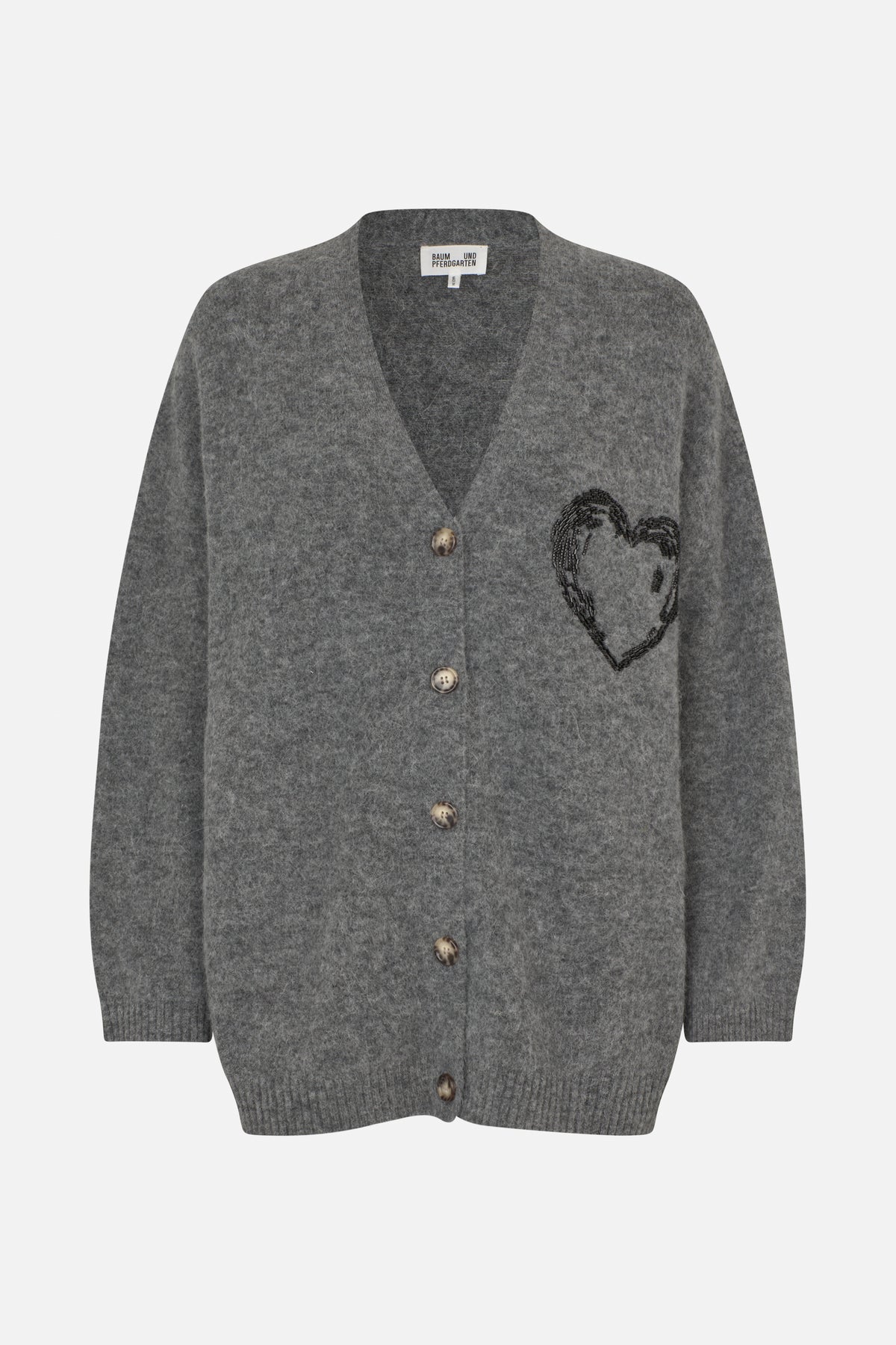 Front view of a grey V-neck button-front cardigan with long sleeves, ribbed trim and a black beaded heart motif.