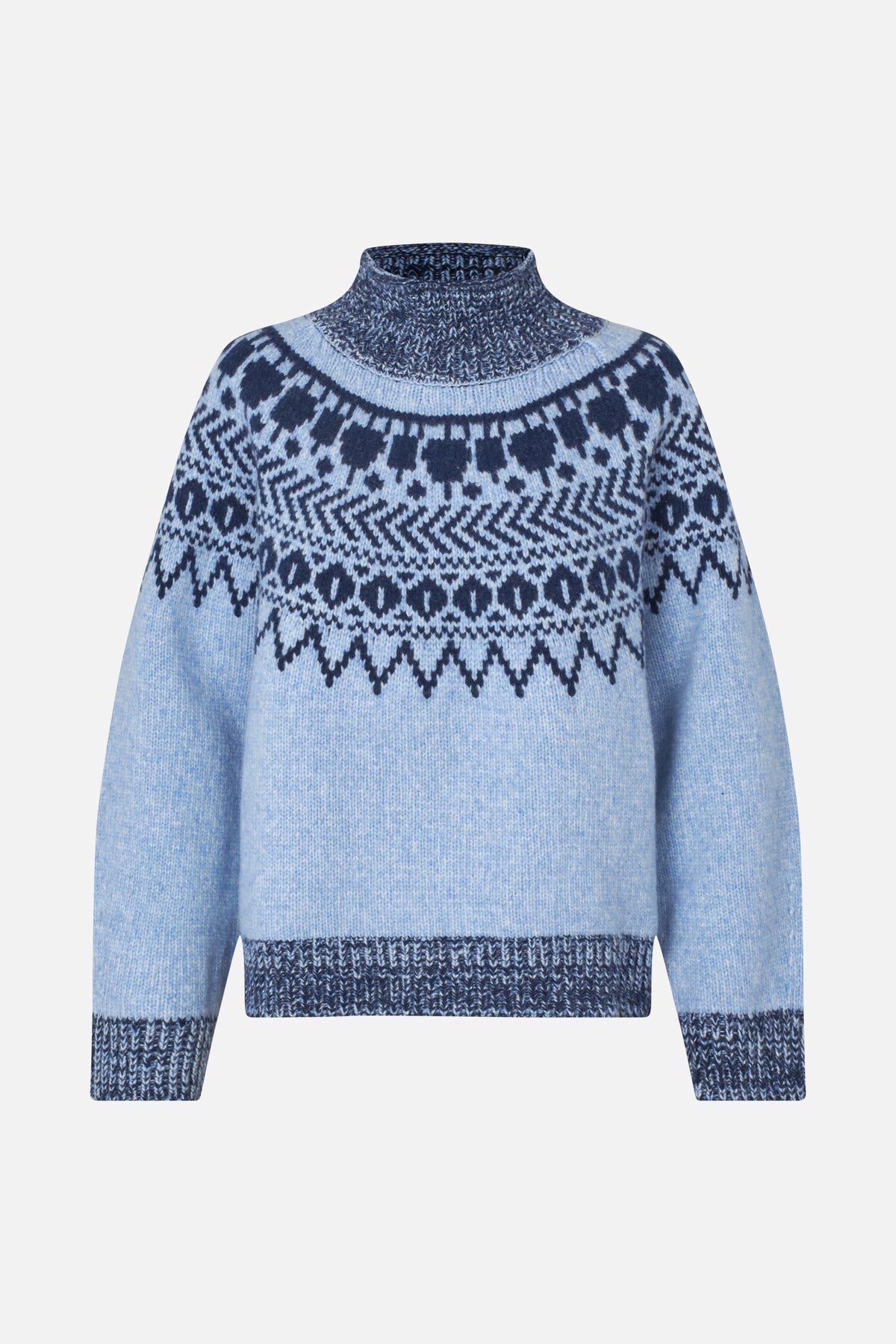 Front view of a light blue knitted sweater with a navy geometric Fair Isle yoke and contrasting dark marled turtleneck, cuffs and hem.