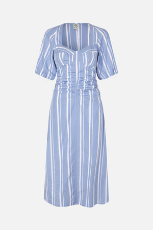Front view of a light blue and white striped midi dress with puff sleeves, a square neckline, structured bodice and ruched waist.