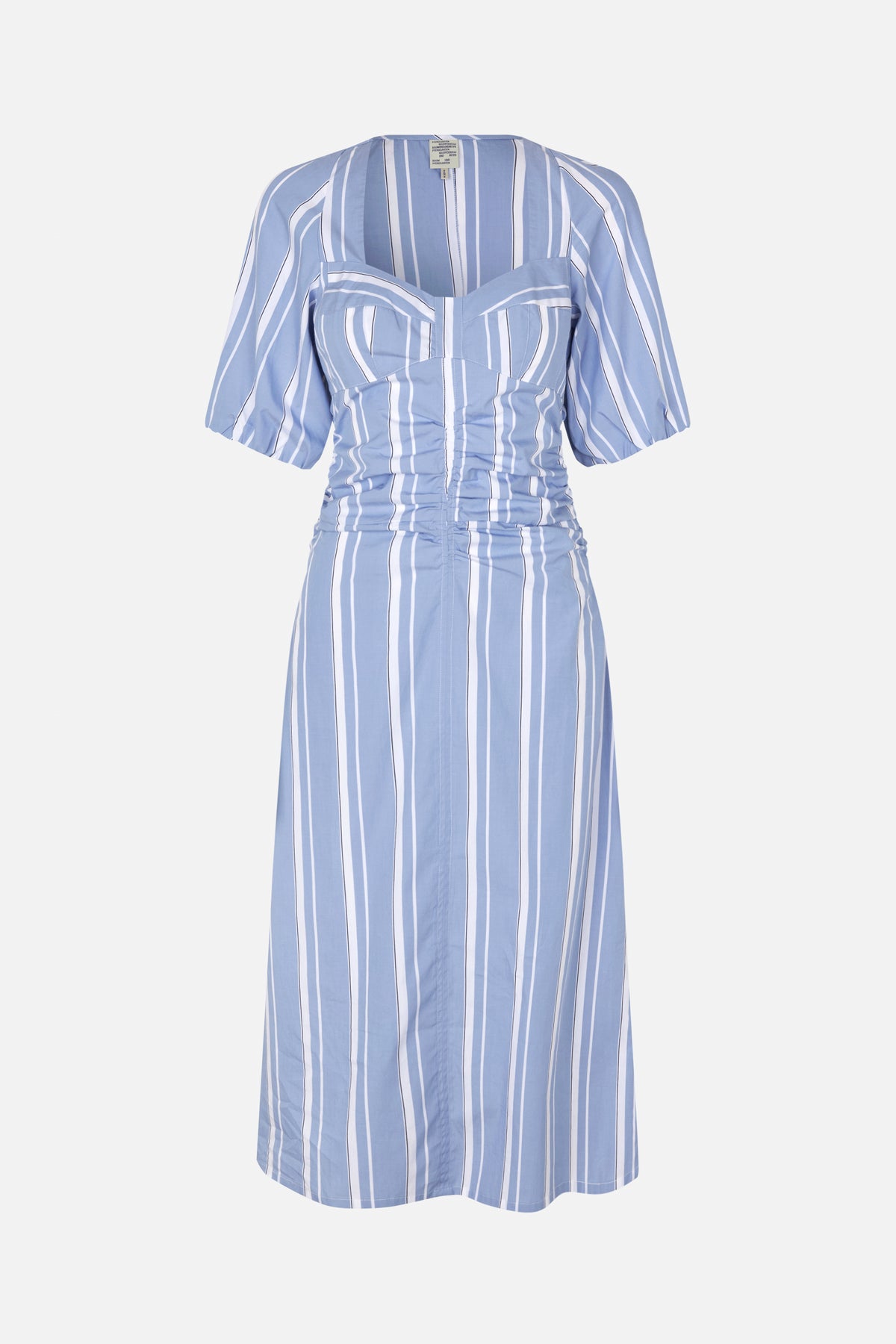 Front view of a light blue and white striped midi dress with puff sleeves, a square neckline, structured bodice and ruched waist.