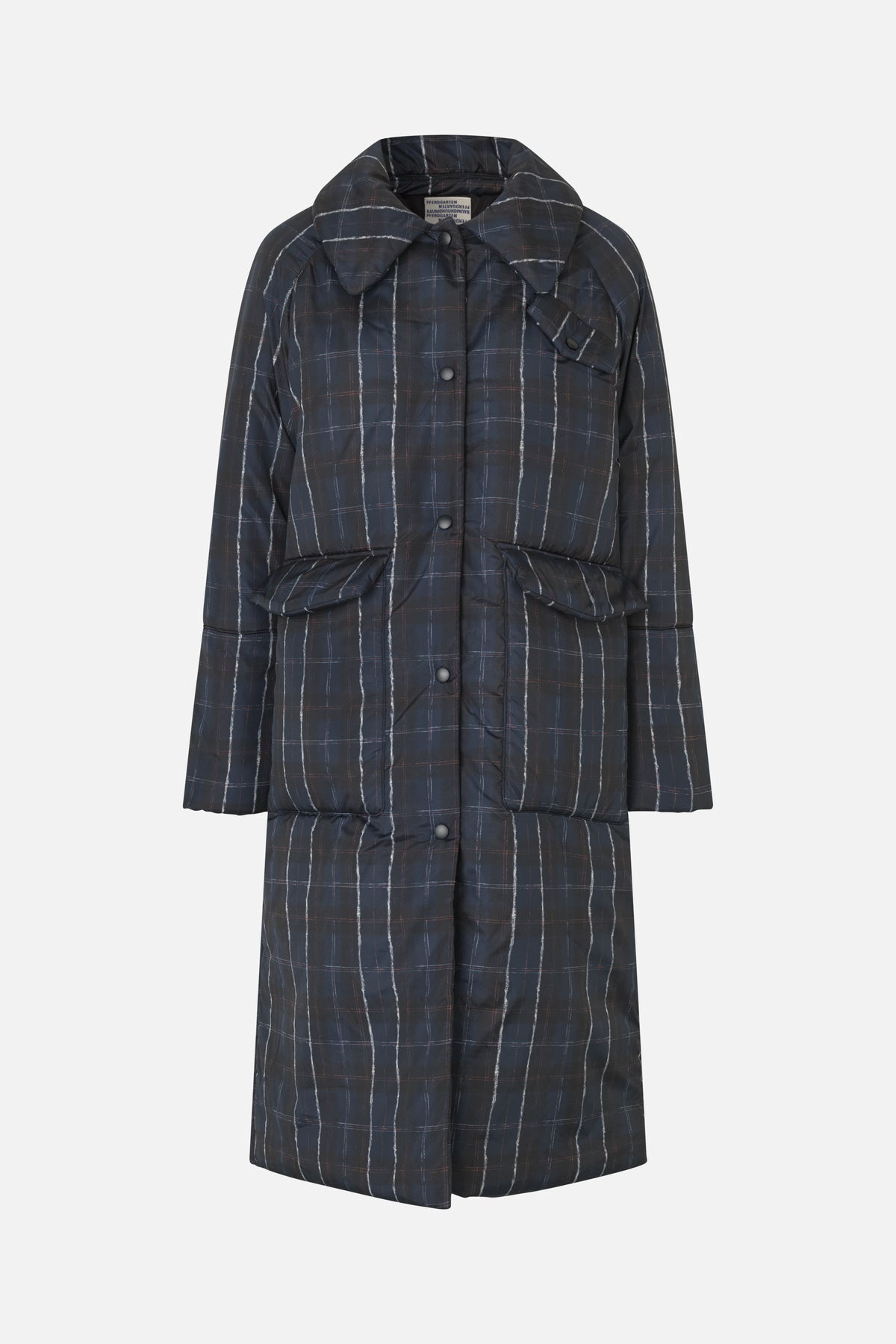 Front view of a long dark navy checked coat with an oversized collar, snap-button fastening and large flap pockets.