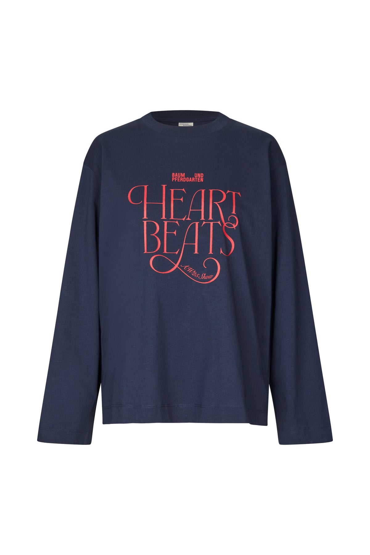 Front view of a navy long-sleeve crew-neck T-shirt with red “Heart Beats” lettering and Baum und Pferdgarten branding.