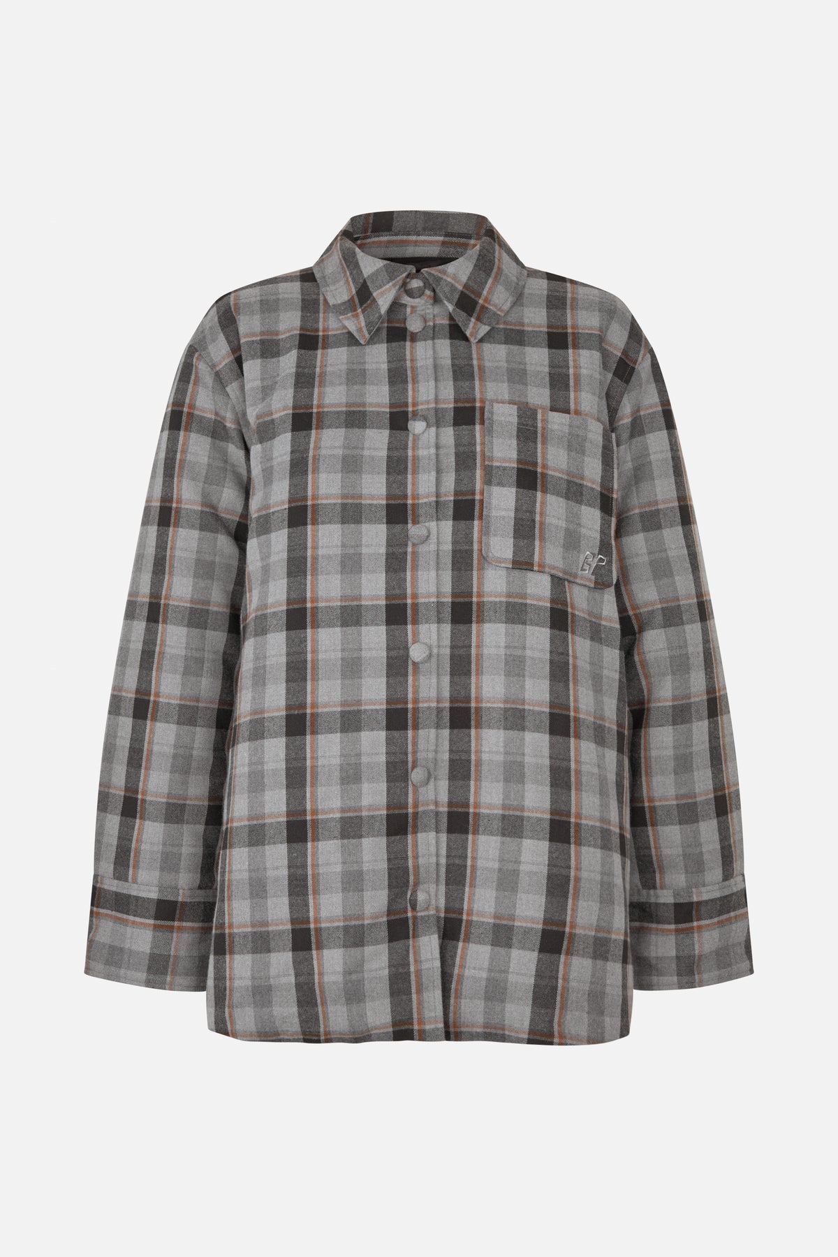 Front view of a long-sleeved button-up shirt in gray and black plaid with thin rust stripes and a chest pocket.