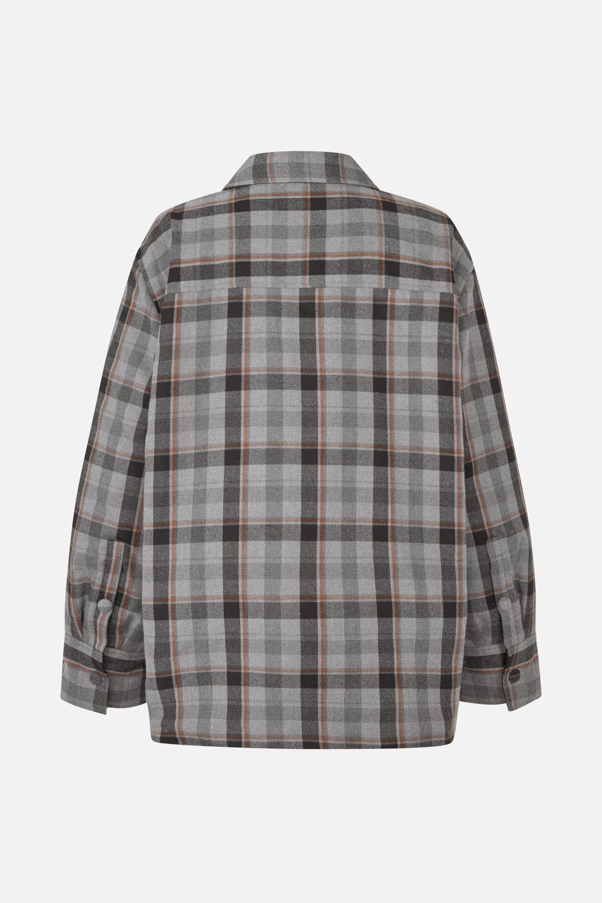 Vue de dos d'une chemise à manches longues à carreaux gris, avec des carreaux noirs et de fines rayures orange rouille, un empiècement aux épaules et des poignets boutonnés.