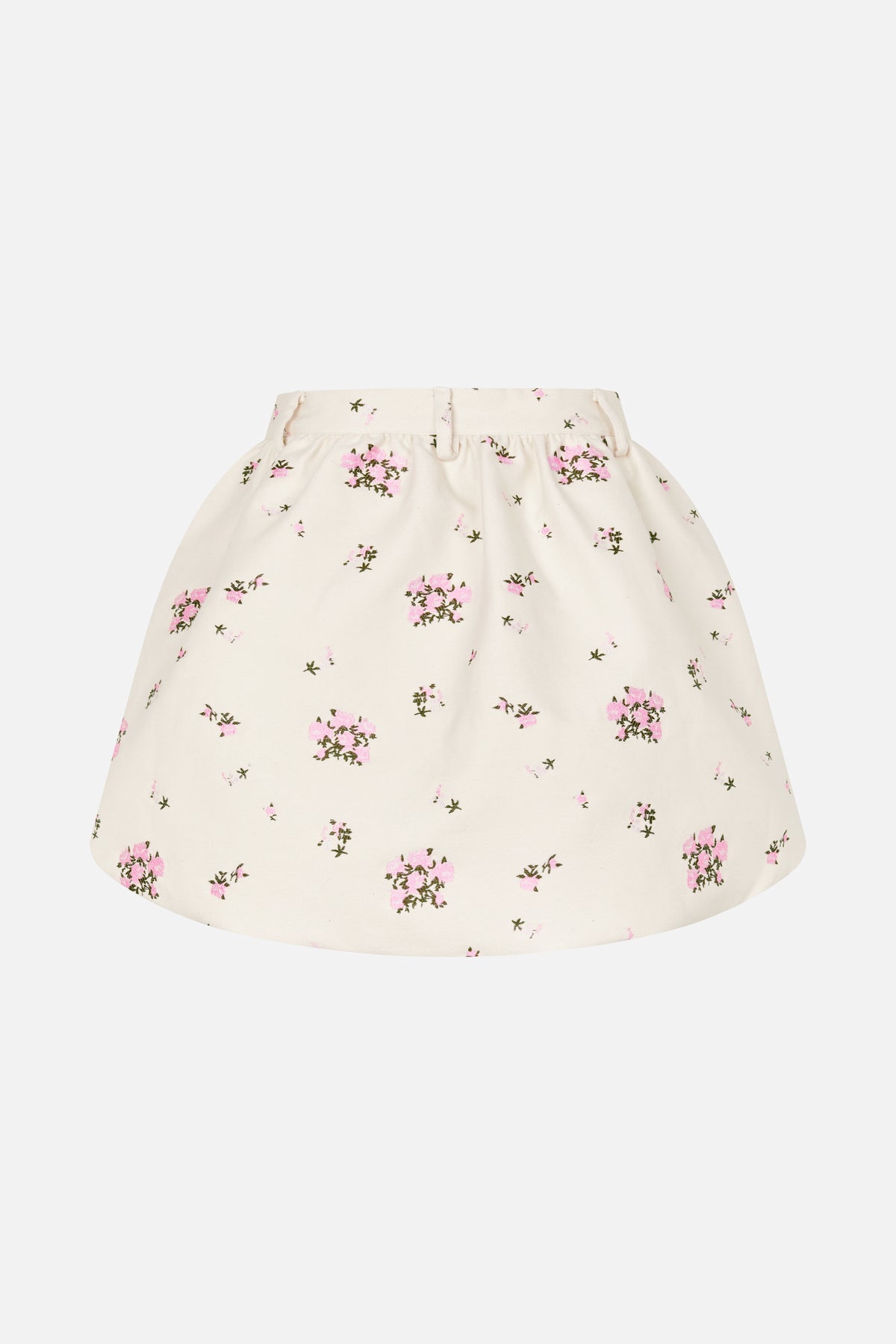 Front view of a cream A-line skirt with a gathered waistband and scattered pink flowers with olive-green leaves.