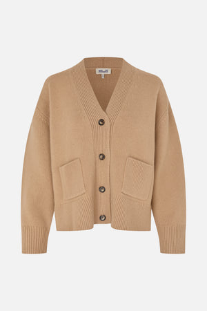 Front view of a beige knitted cardigan with a V-neck, dark buttons, two patch pockets and ribbed trim.