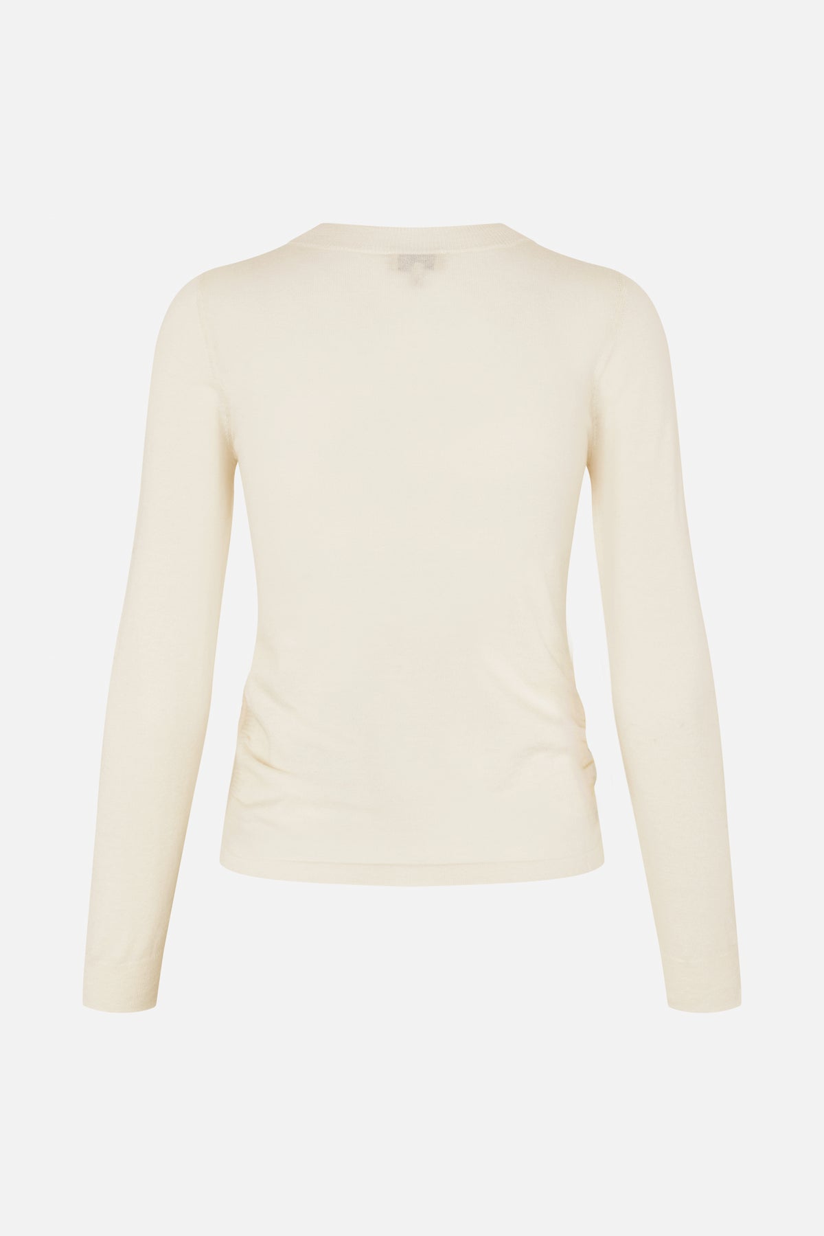 Front view of an ivory fitted long-sleeve top with a high round neckline and fine knit texture.