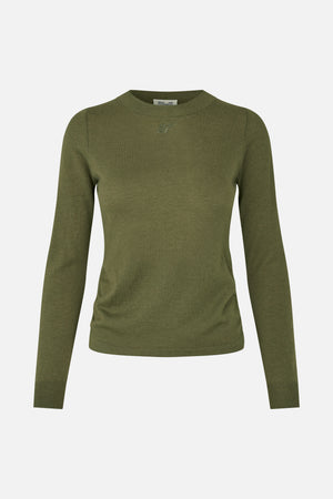 Front view of an olive green long-sleeve knit top with a crew neck and small tonal BP chest embroidery.