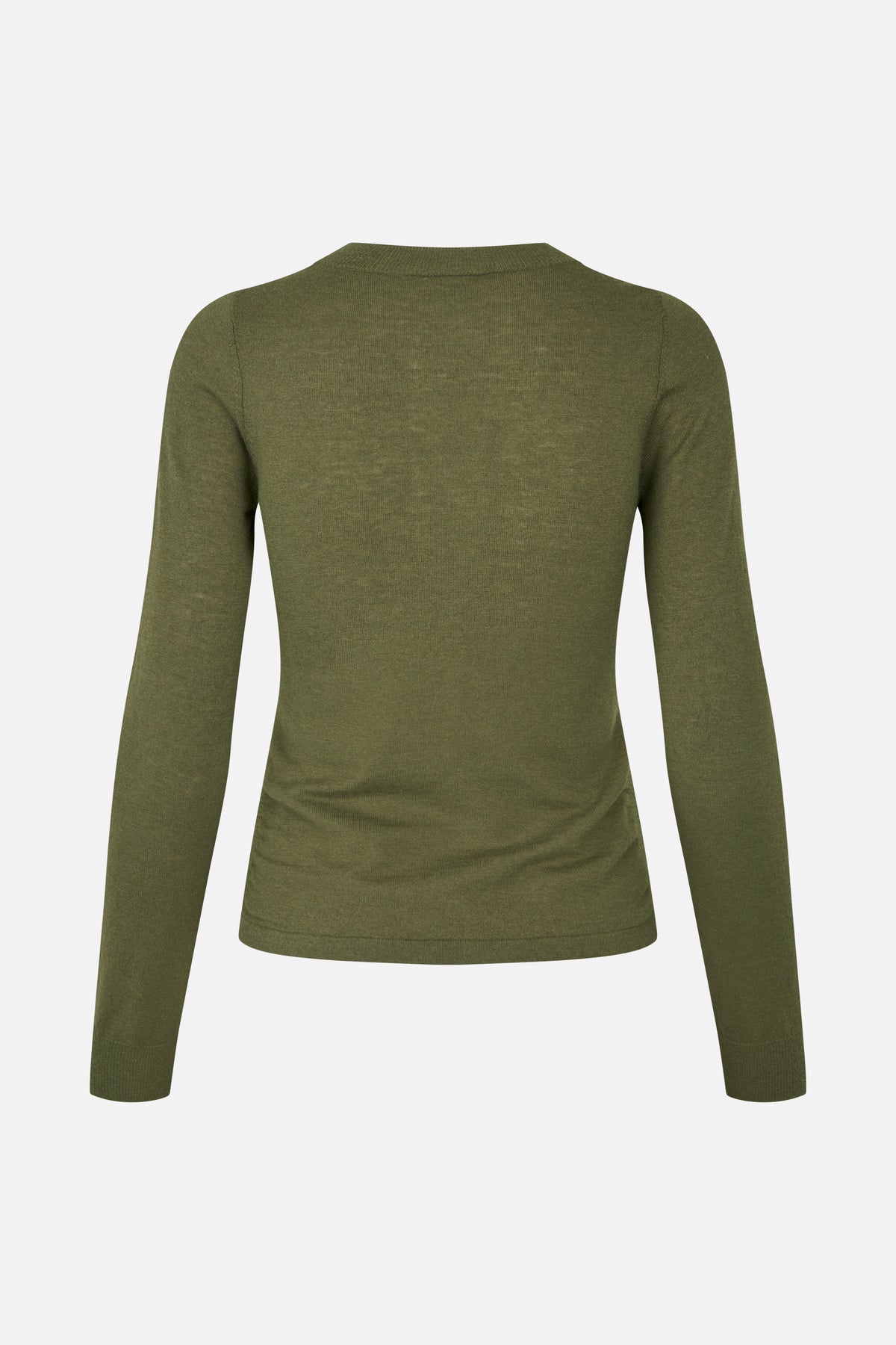 Back view of an olive green fitted long-sleeved knit top with a simple round neckline.