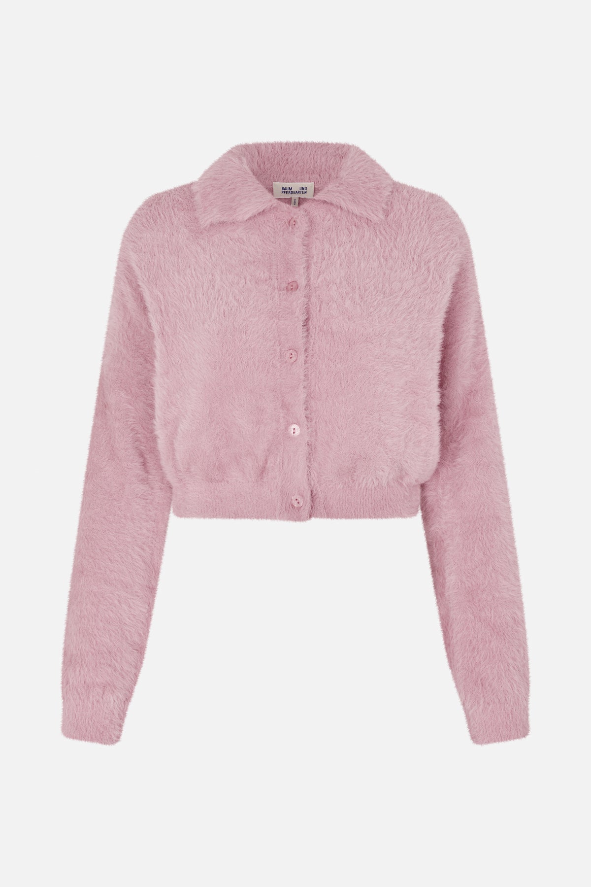 Front view of a cropped, fluffy light pink cardigan with a rounded collar, long sleeves and matching buttons.
