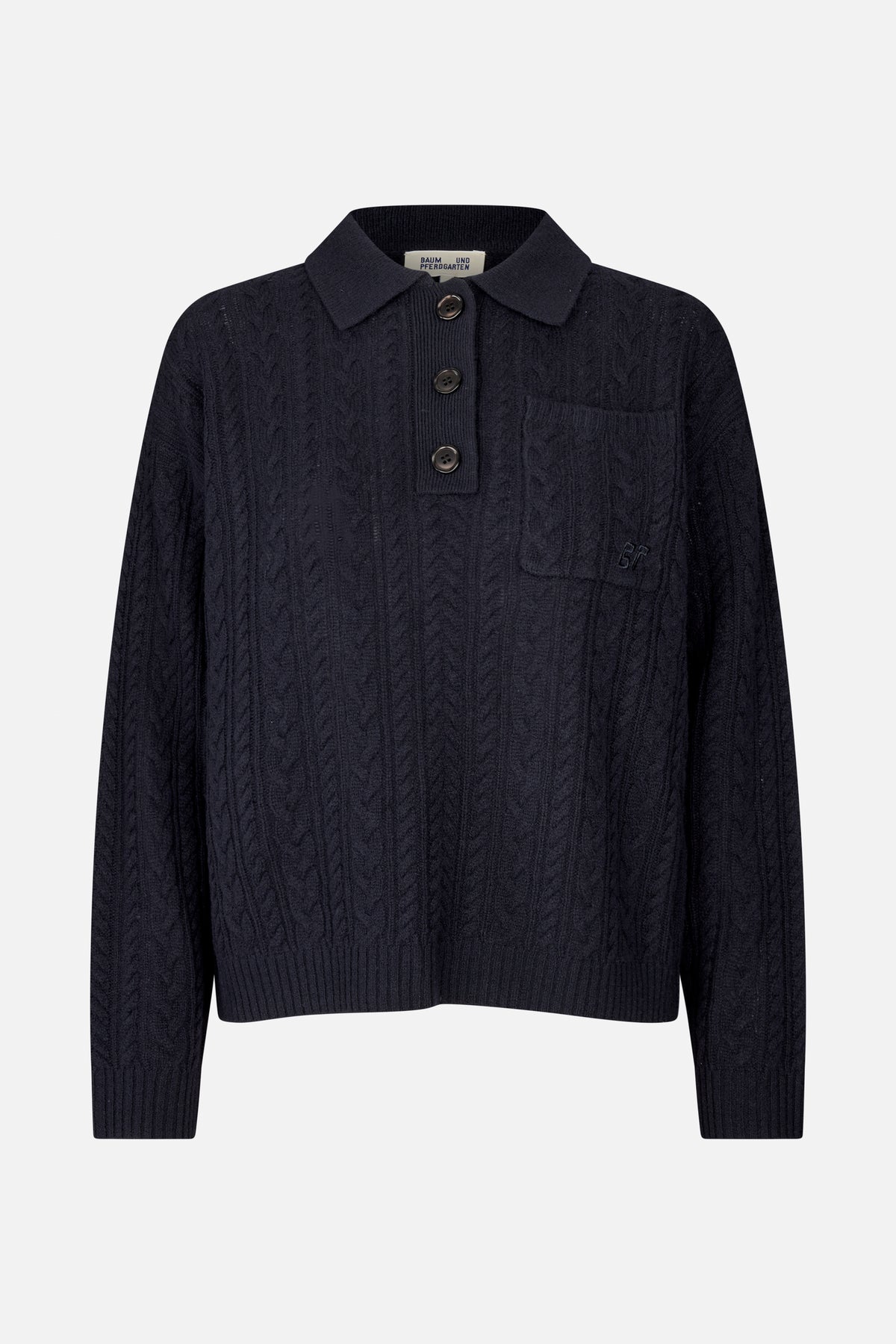 Front view of a dark navy cable-knit sweater with a polo collar, three-button placket, chest pocket, and ribbed cuffs and hem.