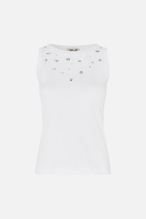 Front view of a white sleeveless top with a high rounded neckline and scattered silver-tone embellishments.