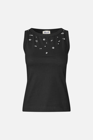 Black sleeveless tank top with a rounded neckline and scattered silver embellishments across the upper front