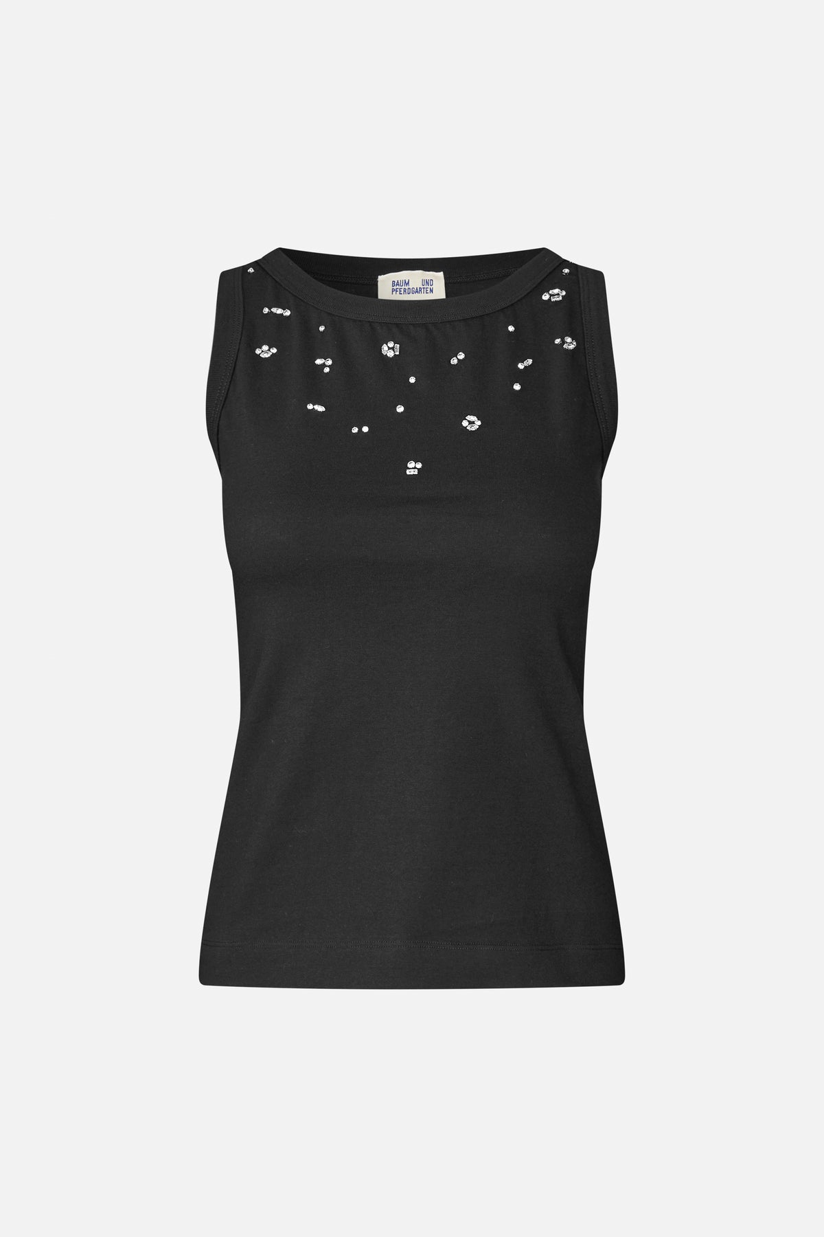 Black sleeveless tank top with a rounded neckline and scattered silver embellishments across the upper front
