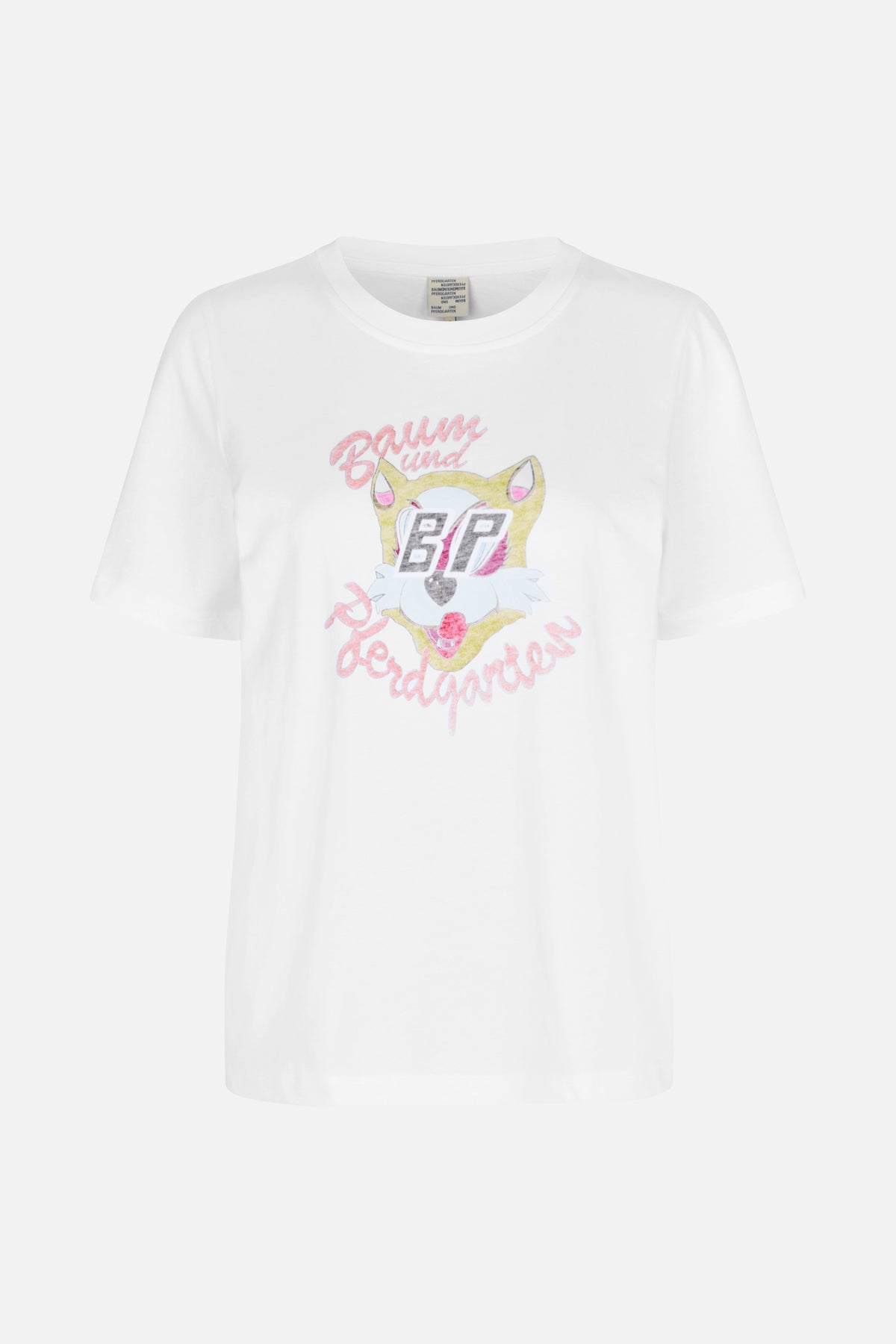 White short-sleeved crew-neck T-shirt with a colorful cartoon wolf graphic and pink Baum und Pferdgarten lettering on the front.