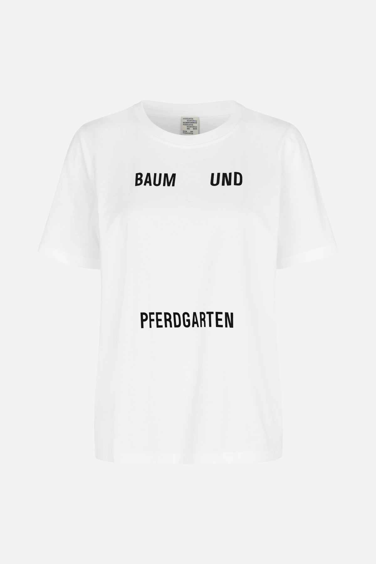 Front view of a white short-sleeved crew-neck T-shirt with black “BAUM UND PFERDGARTEN” lettering.