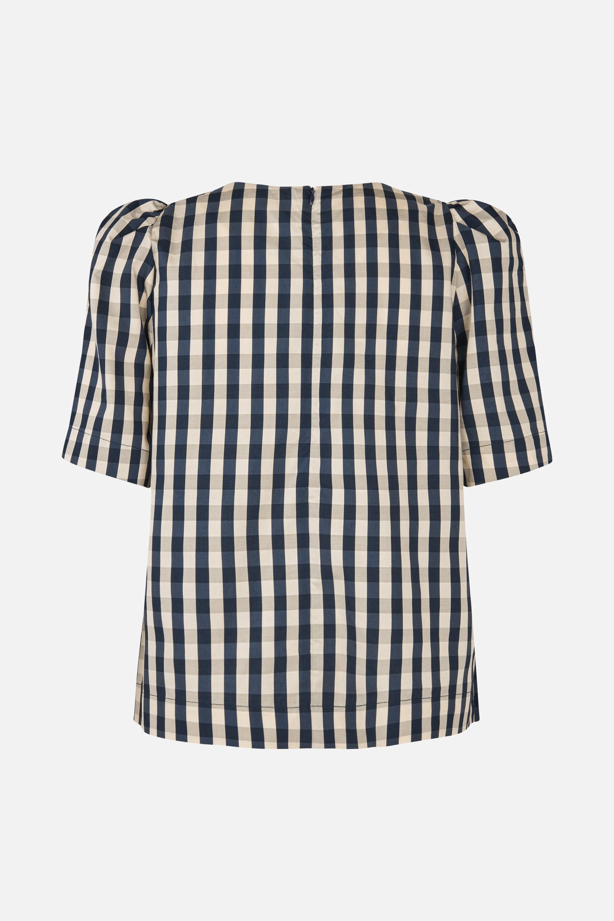 Back view of a navy and cream checked top with puff sleeves and a centre-back zipper.
