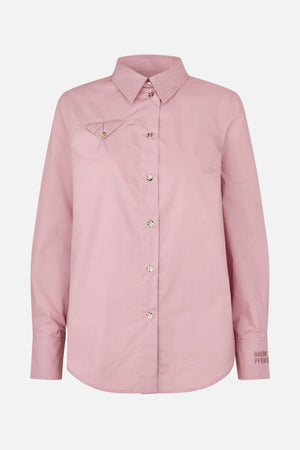 Front view of a solid dusty pink long-sleeved button-up shirt with a pointed collar, decorative buttons and a folded chest pocket.