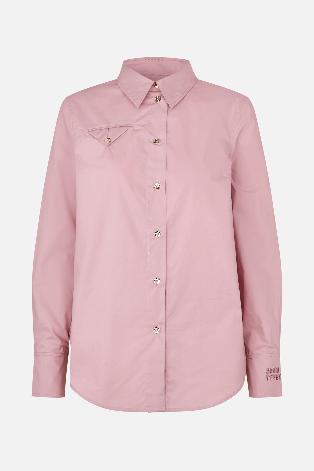 Front view of a solid dusty pink long-sleeved button-up shirt with a pointed collar, decorative buttons and a folded chest pocket.