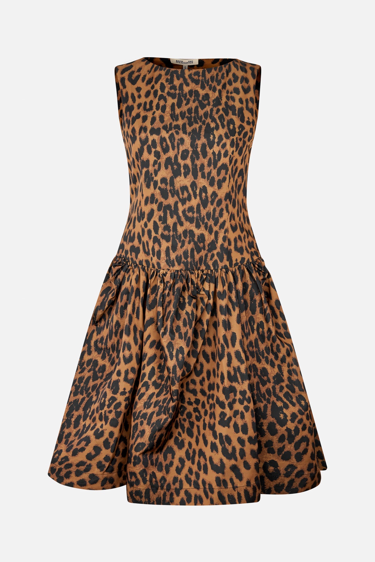 Front view of a sleeveless brown dress with a black animal-print pattern, fitted waist, and gathered full skirt.