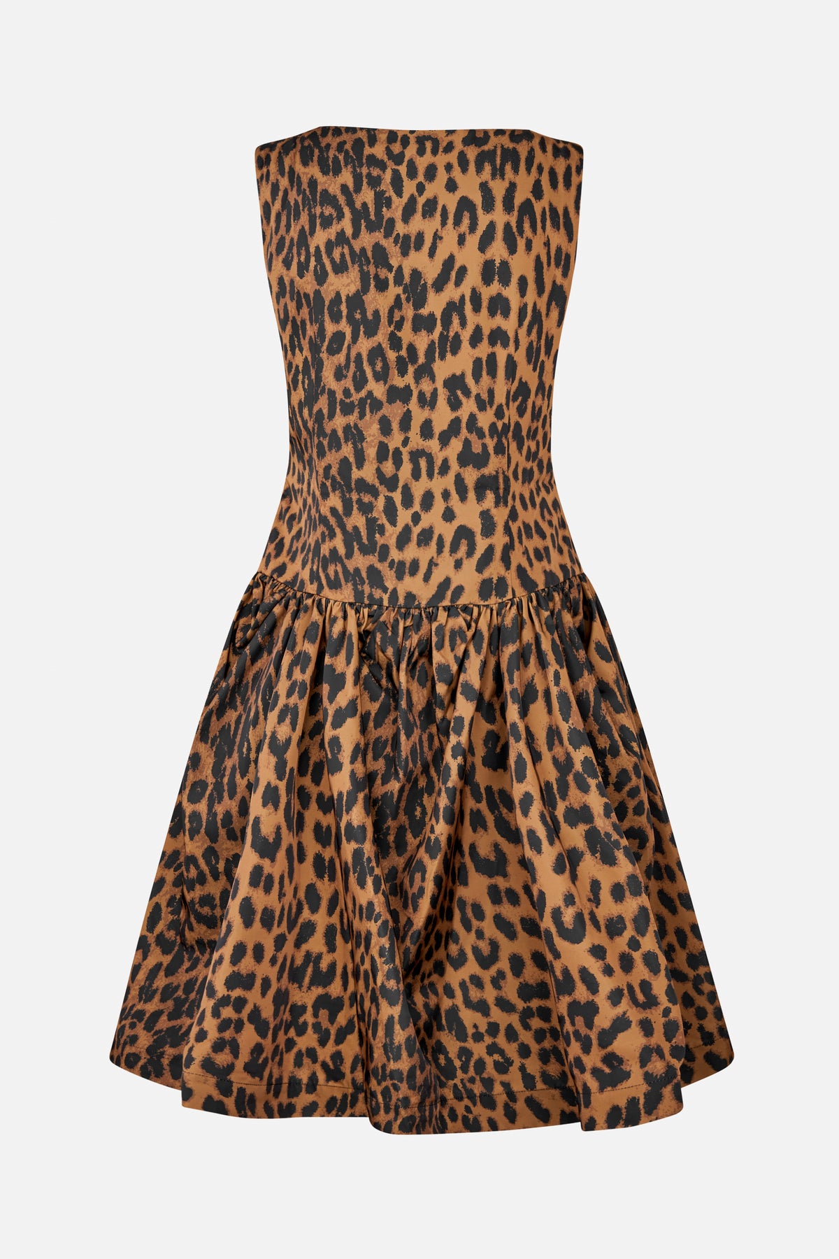 Front view of a strapless dress with a fitted bodice and gathered flared skirt in a brown and black leopard print.