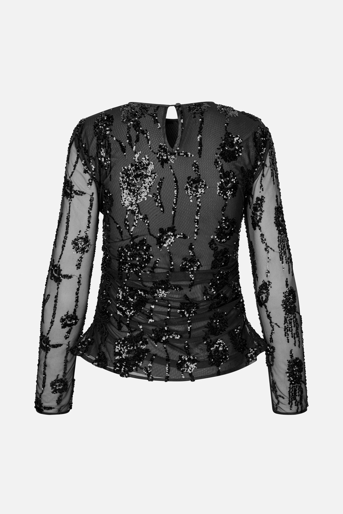 Vue arrière d'un top en résille noire transparente à manches longues, orné de sequins floraux, avec une encolure en goutte et une taille froncée.