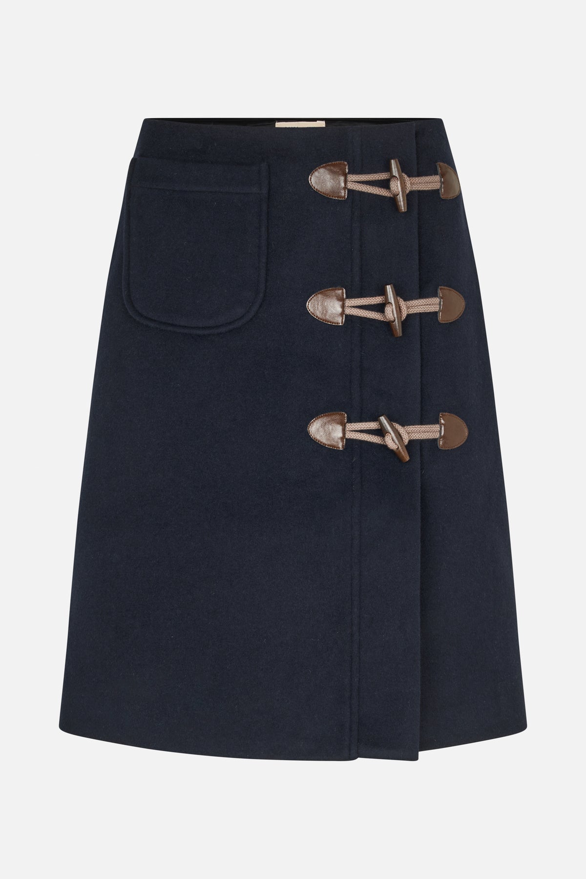 Front view of a dark navy A-line skirt with a large patch pocket and three brown toggle fasteners.