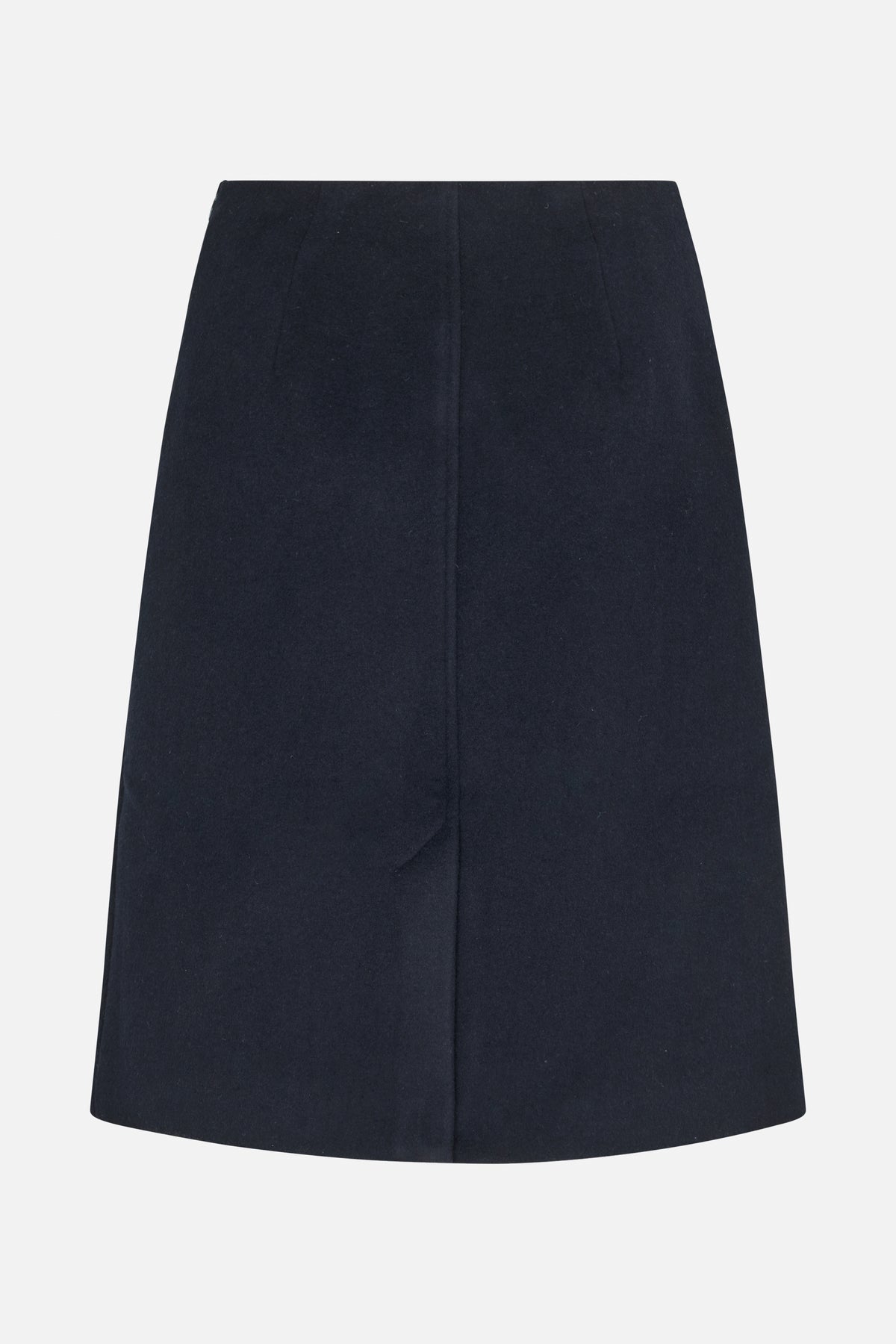Front view of a dark navy A-line skirt with a clean waistband and central seam.