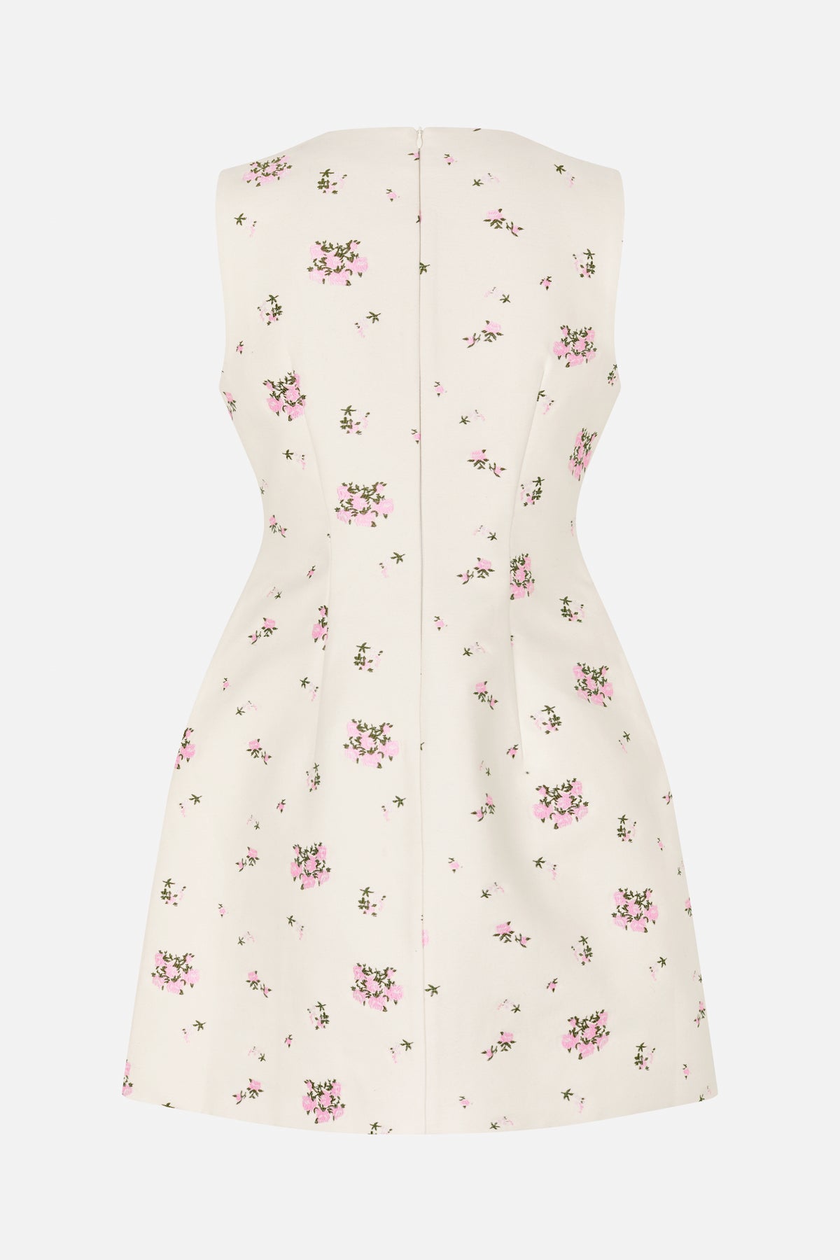 Back view of a sleeveless cream A-line dress with a fitted, seamed bodice, centre-back zipper and scattered pink and green floral print.