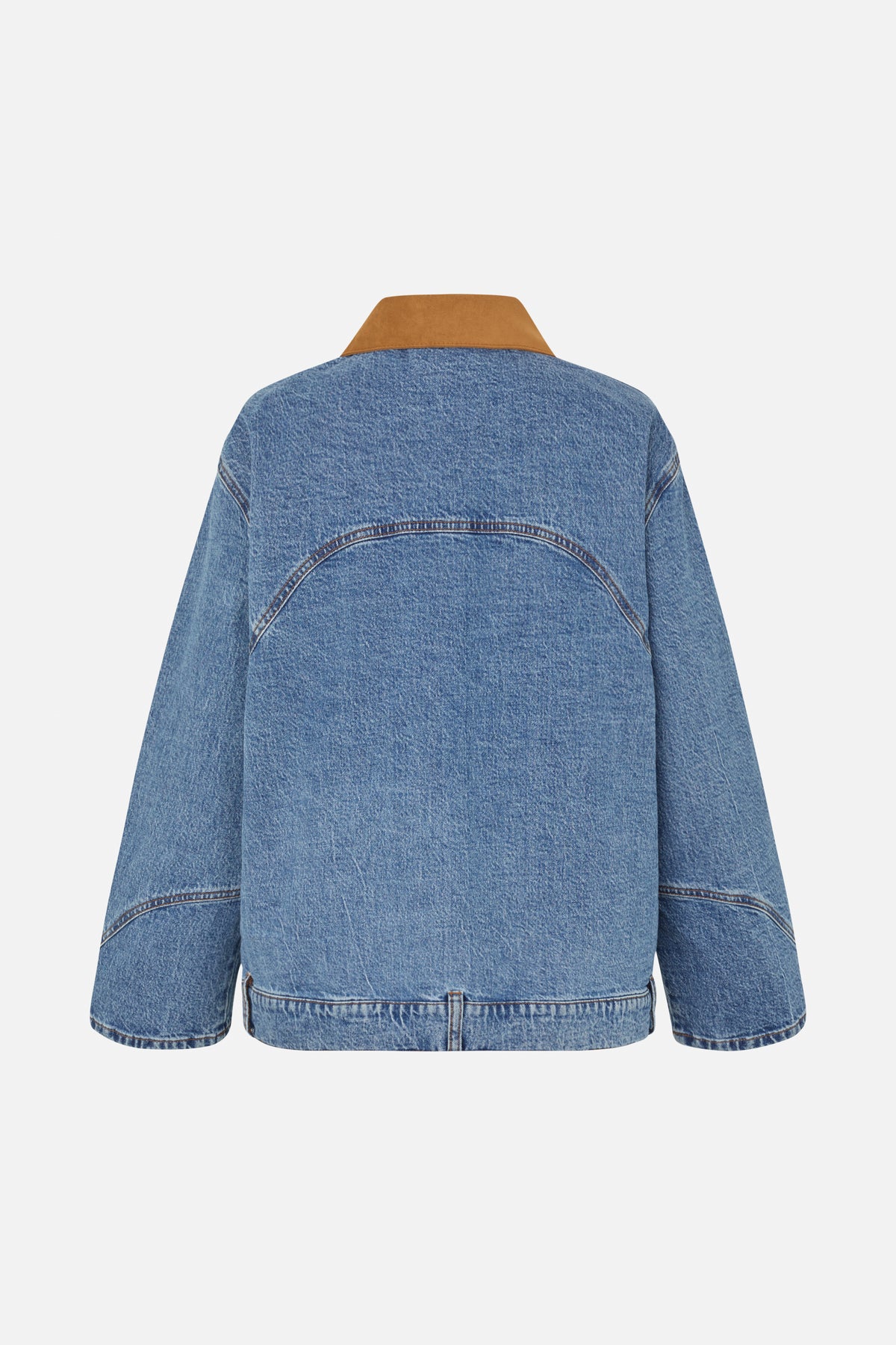 Back view of a blue denim jacket with a contrasting tan collar, curved yoke seam and long sleeves.