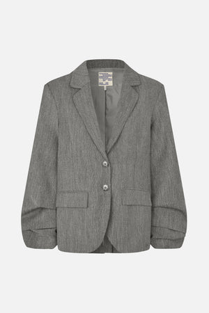 Front view of a grey textured blazer with notched lapels, two buttons, flap pockets and gathered sleeves.