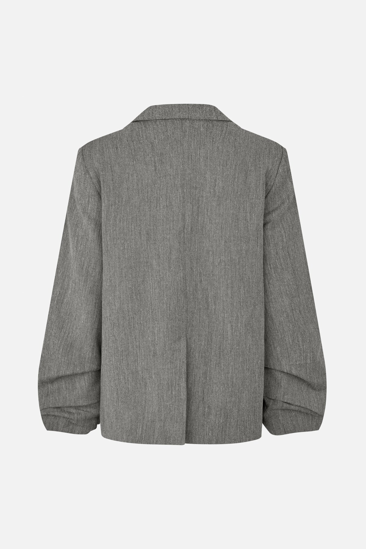 Back view of a grey textured blazer with a wide collar and long, voluminous sleeves.