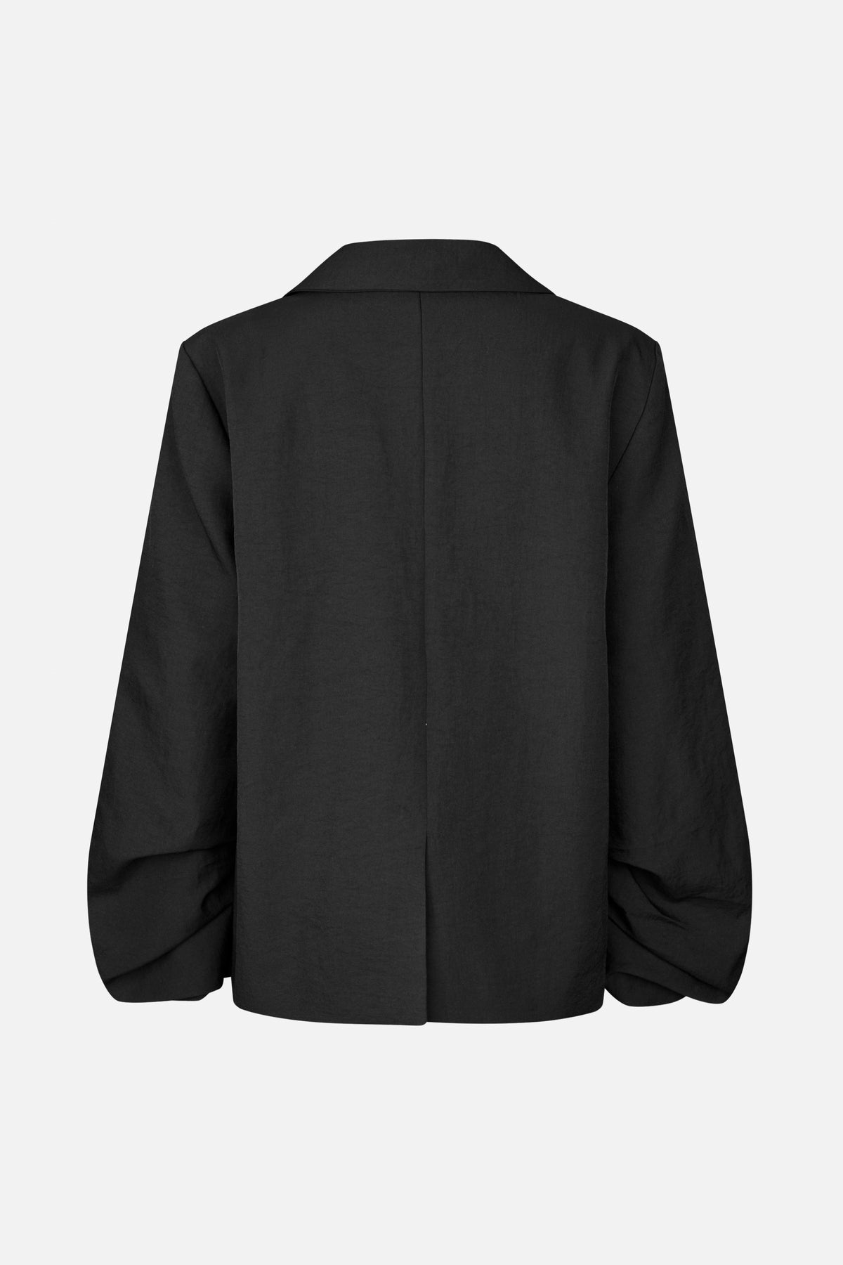 Back view of a black jacket with a wide collar, center seam and voluminous long sleeves.