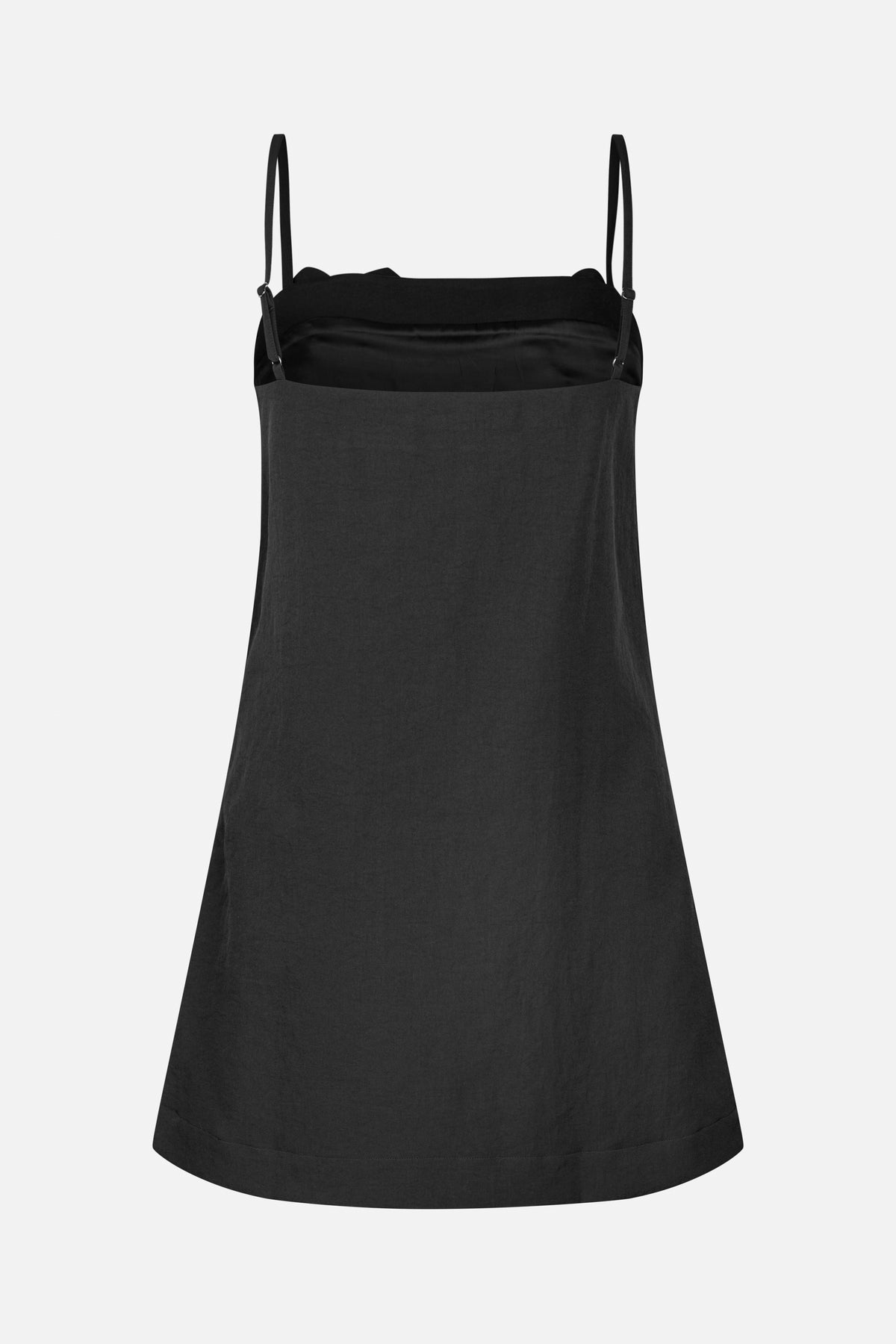 Front view of a black sleeveless A-line dress with thin adjustable straps and a square neckline.