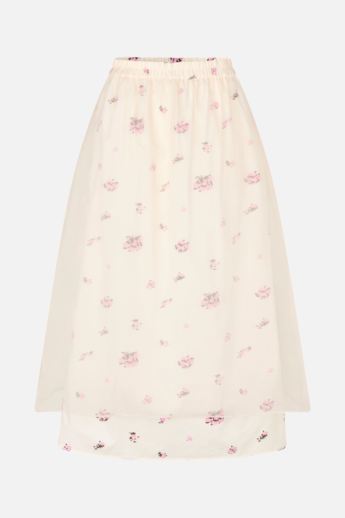 Ivory sheer skirt with an elasticated waistband, scattered pink and grey floral print, and a shorter opaque lining
