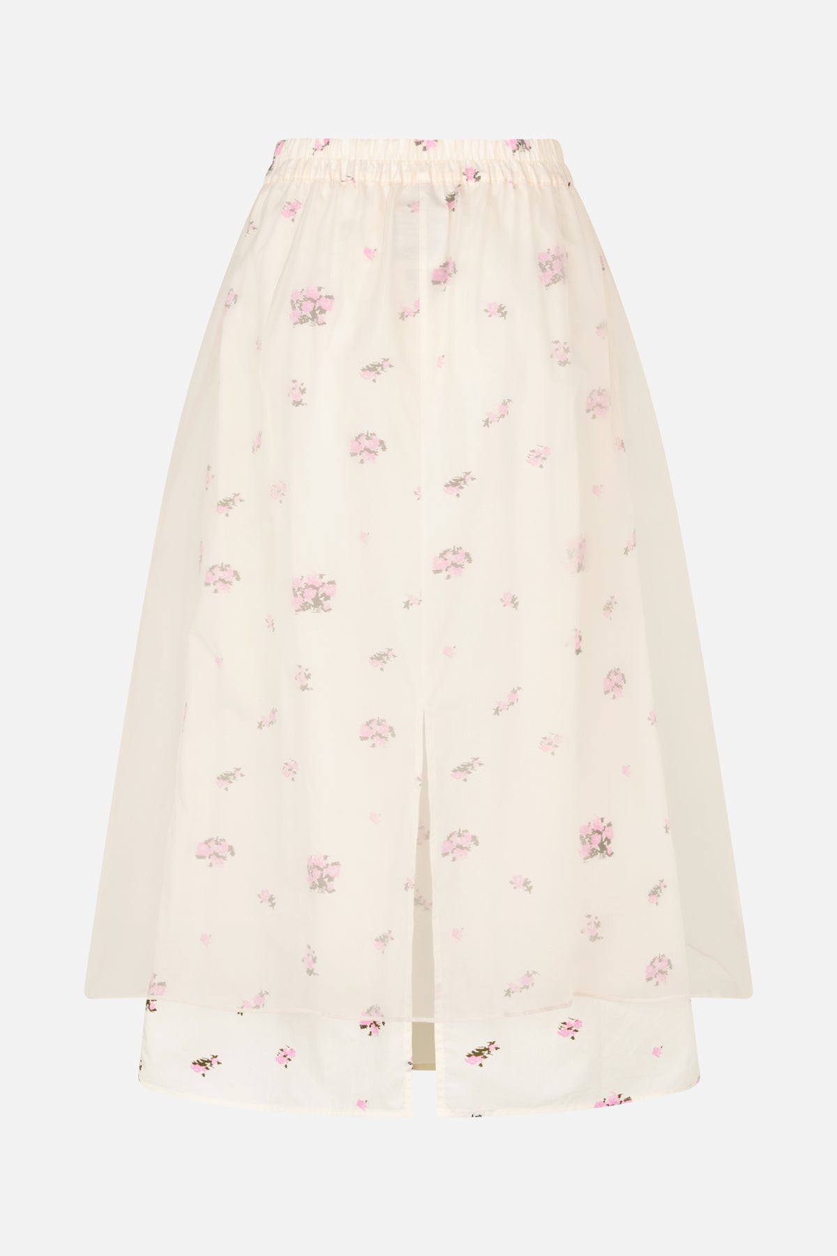 Ivoorkleurige semi-transparante rok met verspreide roze en olijfgroene bloemenprint, gerimpelde elastische tailleband en voorsplit boven een bijpassende short