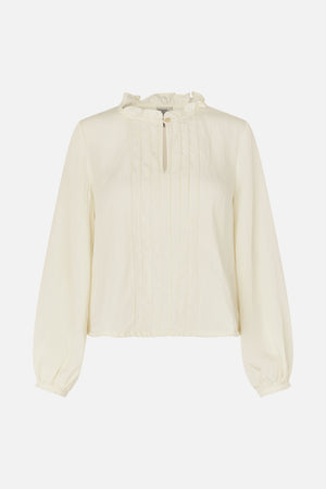 Front view of an ivory long-sleeved blouse with a ruffled high neckline, pintuck detailing and gathered cuffs.